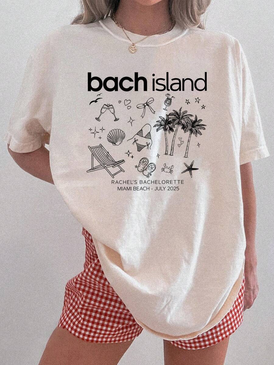 Camiseta de inspiración para mujer con estampado de fiesta de despedida de soltera en la playa, cuello redondo regular, color blanco claro, estilo casual de primavera y verano, diseño de fantasía vacacional y citas icónicas - Lavable a máquina - Alta calidad - Blanco - Ver 1