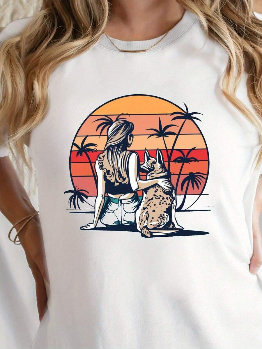 Camiseta estampada de cuello redondo, top casual de manga corta para primavera y verano, ropa de mujer. Top de manga corta cómodo y versátil. - Blanco - Ver 1