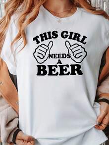 Camiseta para amantes de la cerveza, camiseta divertida para beber en cualquier día, camiseta de algodón puro con estampado de letras "Happy Beer Day", top casual de manga corta y cuello redondo para verano y primavera, ropa de mujer. - Blanco - Ver 1