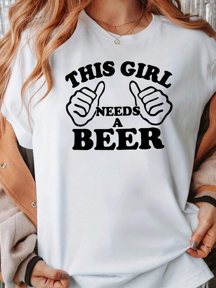 Camiseta para amantes de la cerveza, camiseta divertida para beber en cualquier día, camiseta de algodón puro con estampado de letras "Happy Beer Day", top casual de manga corta y cuello redondo para verano y primavera, ropa de mujer. - Blanco - Ver 1