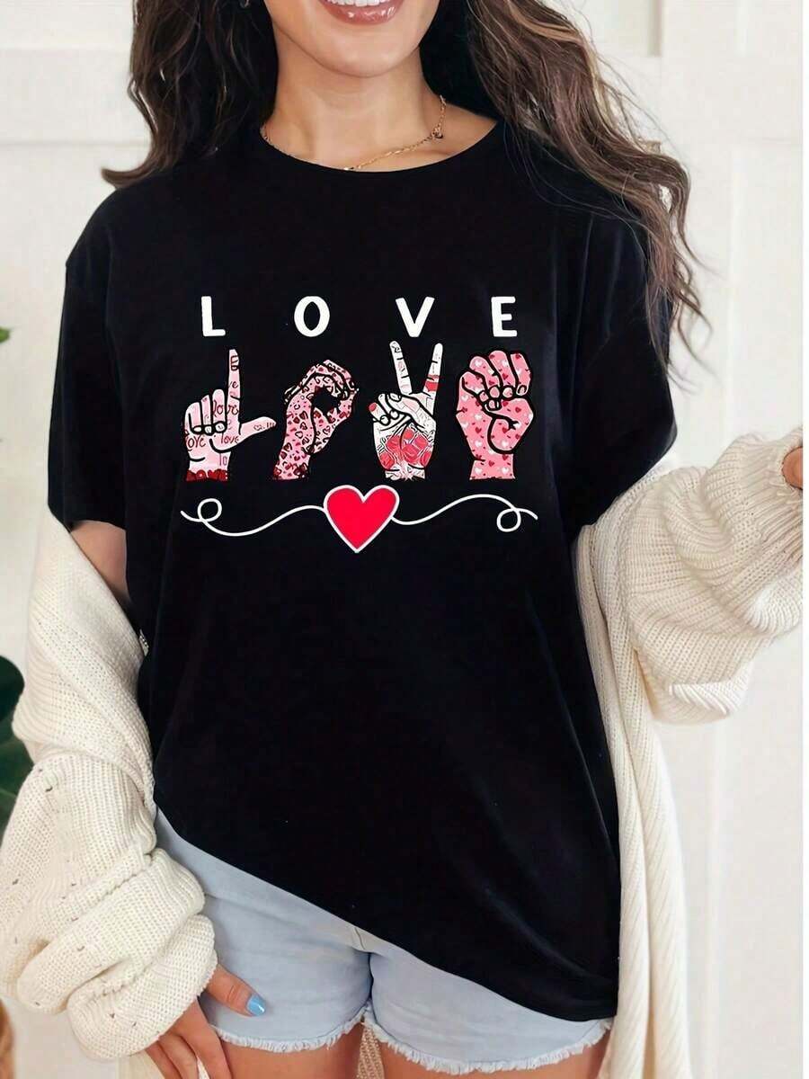 Camiseta de Moda para Mujer con Diseño de Manos en Lenguaje de Señales ASL, Transpirable y Cómoda, Manga Corta, Cuello Redondo de Algodón Suave, Ideal para Salidas Casuales y Looks de Pareja - Negro - Ver 1