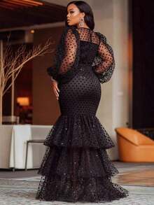 Vestido de lunares con efecto de felpa y estilo sexy de talla grande - Negro - Ver 6