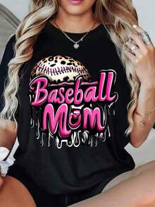 Women's Baseball Mom Print T-Shirt - Short Sleeve Crew Neck Leopard Print Teardrop Design, Black With Pink Lettering, Soft And Breathable Fabric, Perfect Gift For Mother's Day Or Casual Wear, Baseball Mom Style, Casual Blouse For Women, Cotton Women's T-Shirts - 黑色 - 查看 10