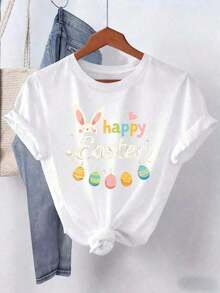 Nueva Camiseta Casual de Verano para Mujer con Estampado de Conejo de Pascua - Linda Camiseta de Manga Corta con Cuello Redondo y Estampado de Conejo, Blusa Casual para Primavera, Verano y Otoño, Ideal como Regalo de Pascua, Atuendo de Año Nuevo, Ropa Lavable para Uso Diario, Camiseta de Manga Corta para Mujer, Estilo Vintage Urbano, Unisex, Holgada, de Algodón, con Cuello Redondo. - Blanco - Ver 6