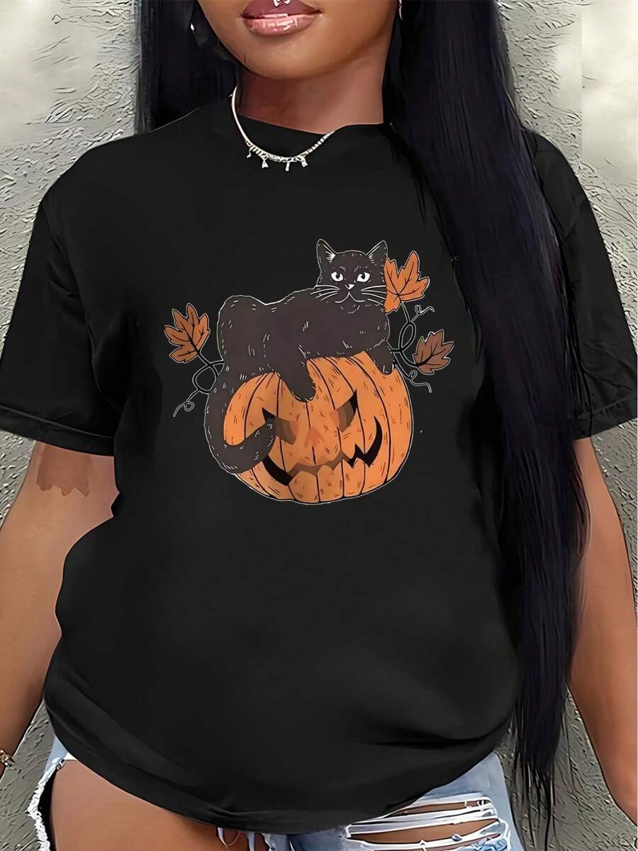 This Lightweight And Durable Short-Sleeved T-Shirt, Featuring A Halloween Pumpkin And Cat Design, Is Perfect For Casual Wear At Home Or As A Party Outfit, Making It An Ideal Choice For Autumn Celebrations And Costume Parties. - 黑色 - 查看 1