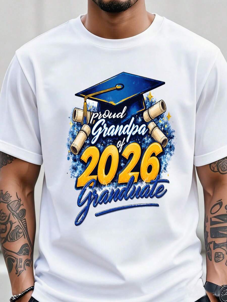 1 "Proud Grandad Graduate 2026" T-Shirt - Black, Suitable As A Graduation Gift With A Blue Cap And Diploma Design, Comfortable Casual Crew Neck T-Shirt For Grandparents, Year-Round Celebratory Wear For Family Events And Diploma Presentations. 180g, 100% Cotton. - 白色 - 查看 1
