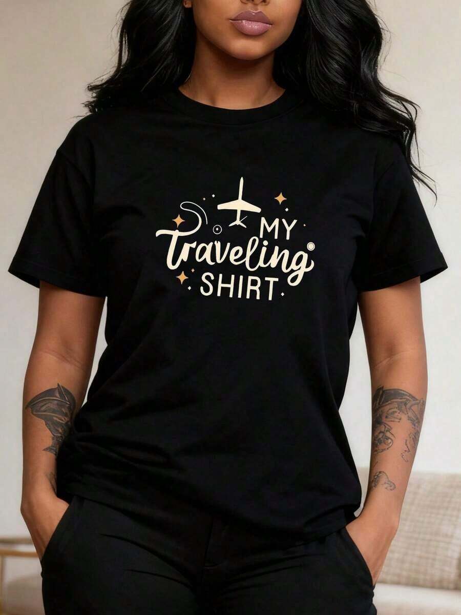 1 Piece Of Women's Printed Travel T-Shirt (Sizes S-2XL), Round Neck, Short Sleeve, Casual Top For Summer And Spring, 100% Cotton, Black Color, Travel Clothes, 180g. - 黑色 2 - 查看 1