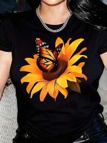 Camiseta de manga corta casual para mujer - Estampado de girasol y mariposa de dibujos animados, cuello redondo suave, lavable a máquina, ajuste cómodo para todas las estaciones, camisetas para damas, ropa de estilo urbano, camiseta con estampado vibrante, moda relajada. Adecuado como regalo.playera de mujer.blusas>elegante.boho chic,Top de mujer suave, transpirable y cómodo, ideal para primavera, verano y otoño, perfecto para vacaciones, viajes y uso diario. - Negro - Ver 1