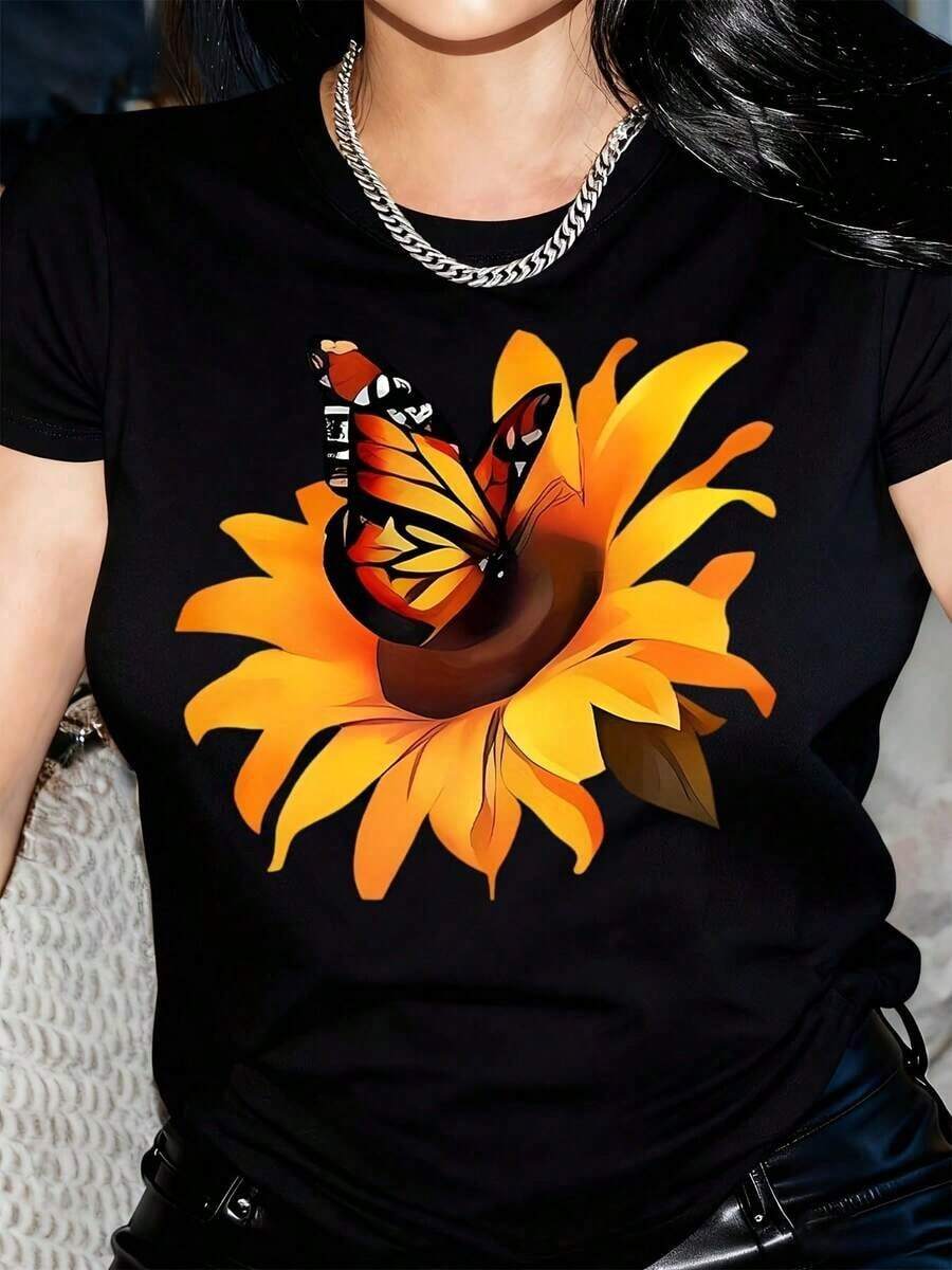 Camiseta de manga corta casual para mujer - Estampado de girasol y mariposa de dibujos animados, cuello redondo suave, lavable a máquina, ajuste cómodo para todas las estaciones, camisetas para damas, ropa de estilo urbano, camiseta con estampado vibrante, moda relajada. Adecuado como regalo.playera de mujer.blusas>elegante.boho chic,Top de mujer suave, transpirable y cómodo, ideal para primavera, verano y otoño, perfecto para vacaciones, viajes y uso diario. - Negro - Ver 1