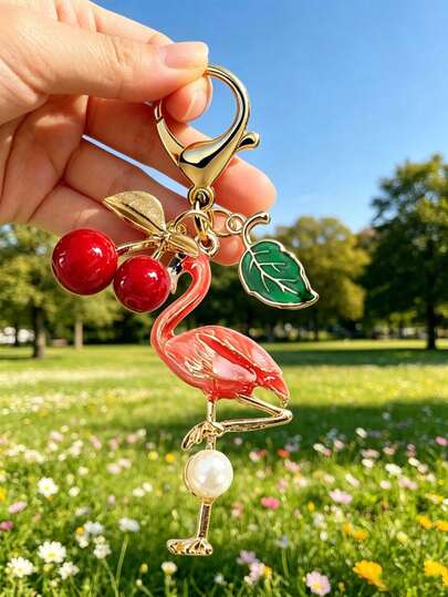 Pearl Flamingo Pendant With With Cherry & Leaf Charms, Gold Plated Pearl Flamingo Bag Charm, Cute Tropical Bird Key Ring , Bohemian Vacation Style. Ocean Alloy Pendant, Hawaiian Tropical Style Pendant. Suitable For Backpacks, Wallet Decorations, Headphone Bag Accessories, Car Pendants, Fashionable And Minimalist Accessories