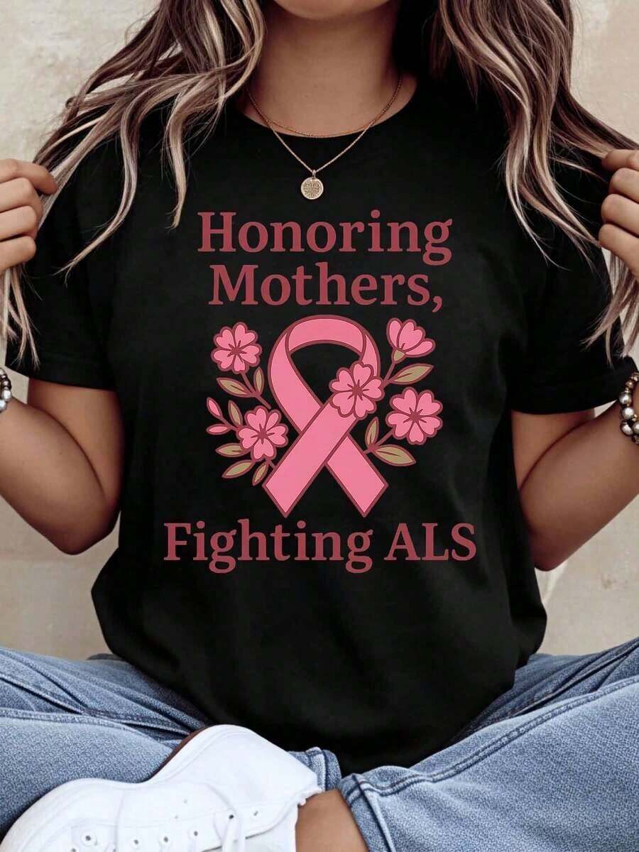 Oferta por tiempo limitado, cantidad limitada disponible, relámpago, camisas de mujer, camisetas de mujer Un homenaje a las madres que luchan contra la ELA: la camiseta floral con lazo rosa tiene como objetivo concienciar y brindar apoyo a las pacientes con cáncer de mama. - Negro - Ver 1
