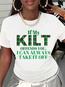 Camiseta Casual para Mujer Blanca con Patrón de Tartán y Texto: Si mi kilt te ofende, siempre puedo quitármelo. Disfraz para Fiesta del Día de San Patricio. - Blanco - Ver 2