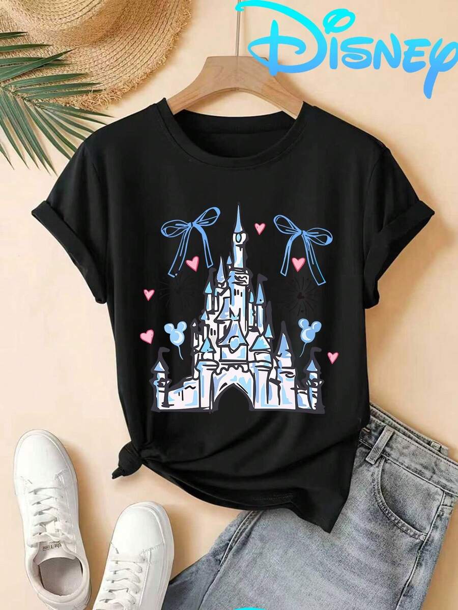 1pc Women's Disney Classic Castle Mickey Elements Printed T-Shirt Girly Casual Versatile Top, Multi-Color Choice Summer Essential, Machine Washable Regular, Casual Fashion| Comfortable Wear - màu đen - Xem 1