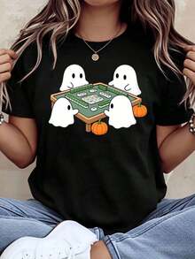 Women's Clothing T-Shirt With Adorable Ghosts Playing Mahjong Print For Halloween, Cartoon Print For Women And Girls, Casual Autumn Outfit, Women's Shirts - 黑色 - 查看 2