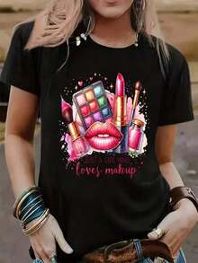 Una camiseta estampada para las que aman el maquillaje, con cuello redondo casual y mangas cortas, ideal para primavera y verano, cómoda y transpirable, perfecta para todas las estaciones, ropa deportiva para mujer - Negro - Ver 2