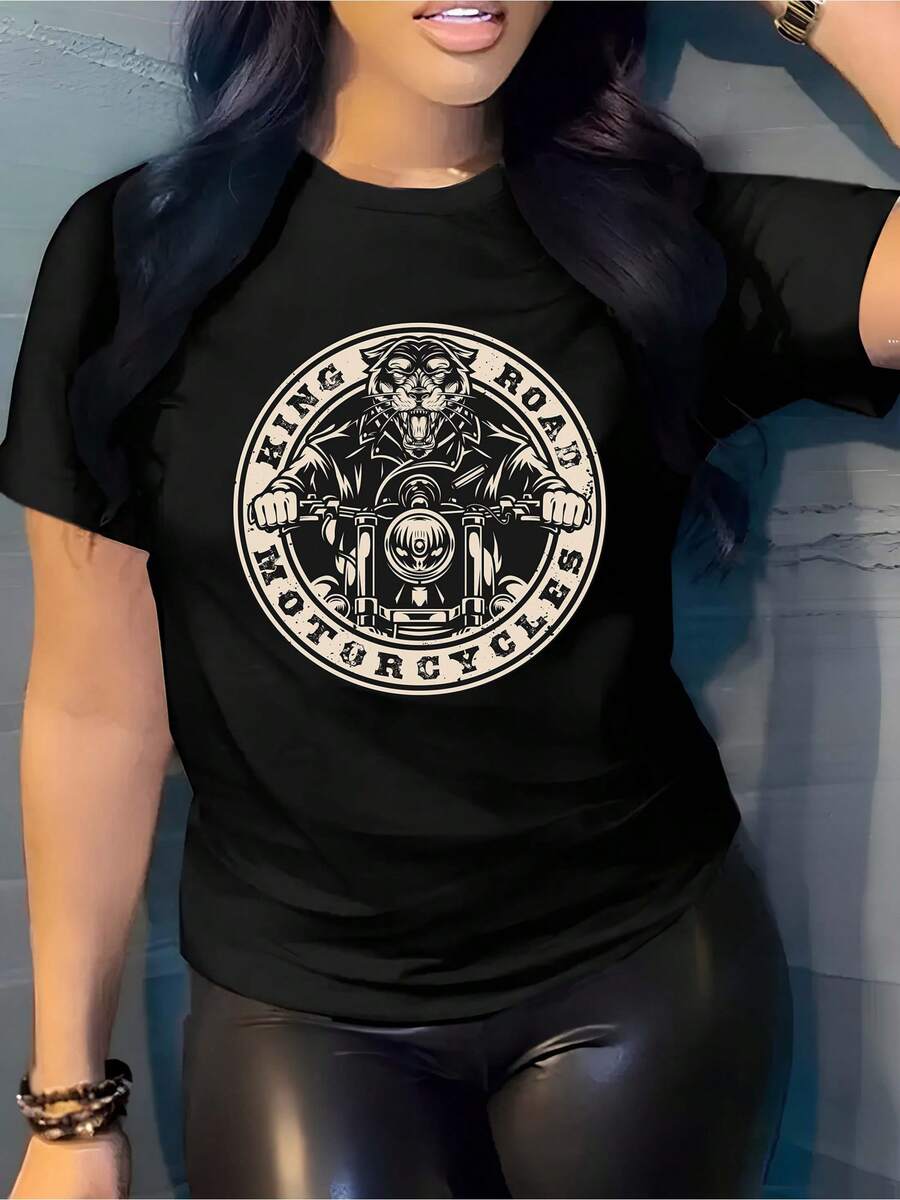 Camiseta unisex, Camiseta negra Luck para mujer: Fierce Ride: Panther Moto Queen Tee, ropa de mujer, blusas casuales para mujer, camisas para mujer, blusas para mujer, camisetas, estampado gráfico, agradable al tacto, retro de los 90, ropa urbana, camisetas casuales de moda. - Negro - Ver 1