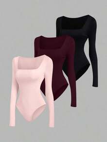 Set de 3 bodys de manga larga para mujer en color albaricoque, marrón café y negro, de ajuste ceñido y estilo minimalista y versátil para el día a día - Multicolor 9 - Ver 1