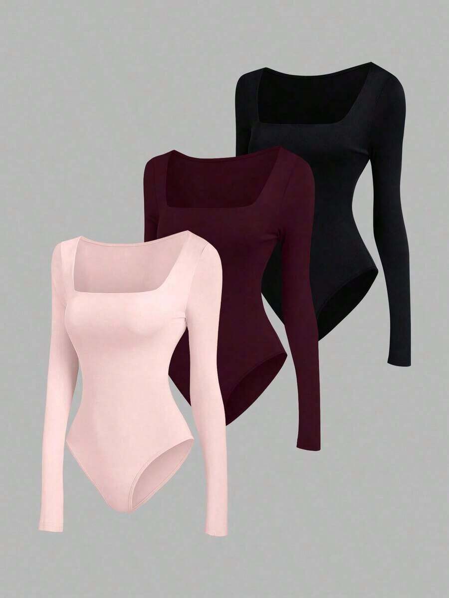 Set de 3 bodys de manga larga para mujer en color albaricoque, marrón café y negro, de ajuste ceñido y estilo minimalista y versátil para el día a día - Multicolor 9 - Ver 1