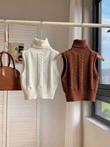 Conjunto de 2 piezas de top de punto sin mangas de cuello alto informal - Blanco - Ver 2