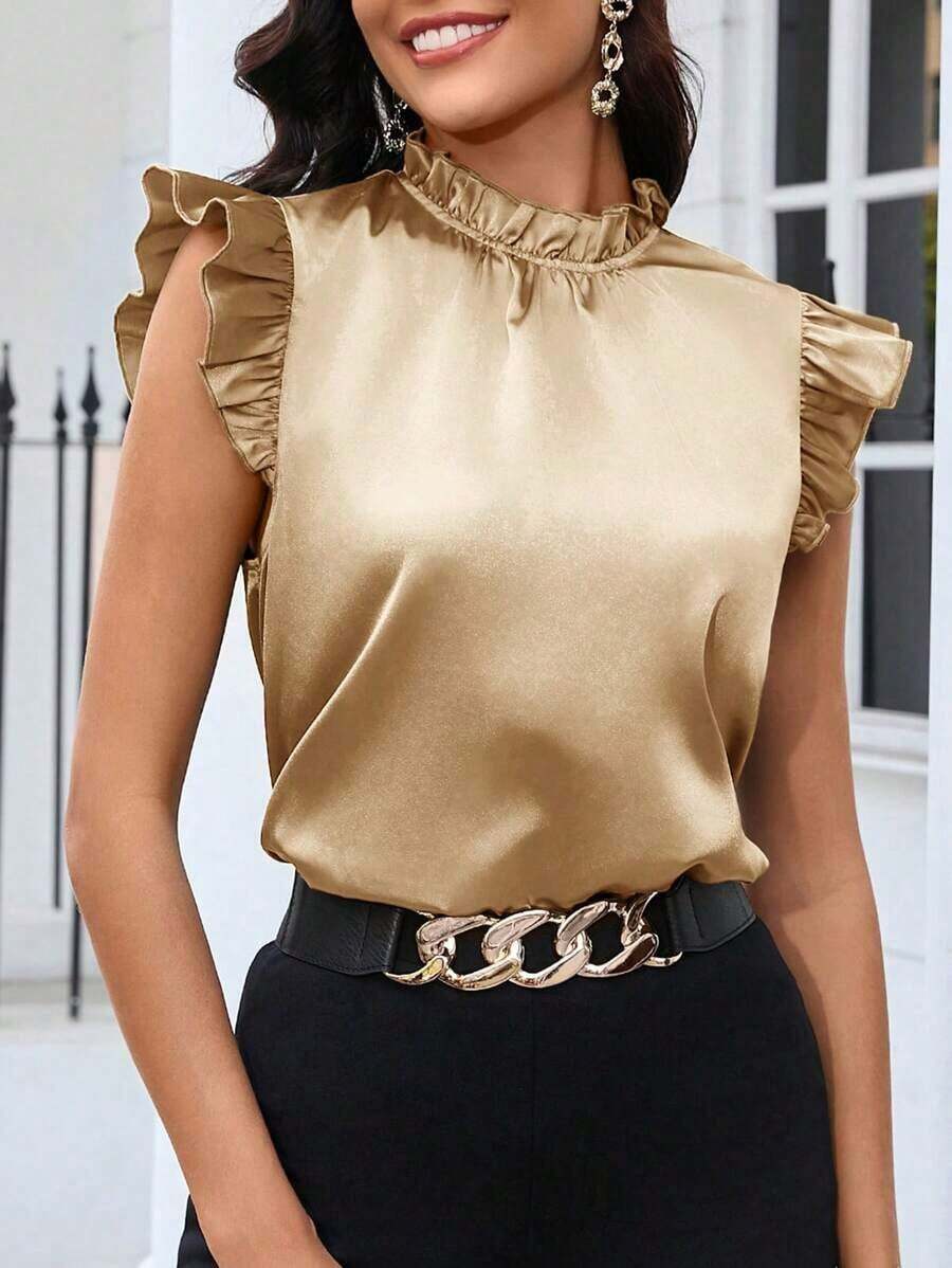 Blusa de satén de unicolor con mangas de tapa para uso diario, blusas sin mangas - Caqui - Ver 1