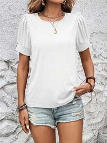 Camiseta Casual De Mujer De Manga Corta Con Cuello Redondo Y Un Solo Color Sólido - Blanco - Ver 3