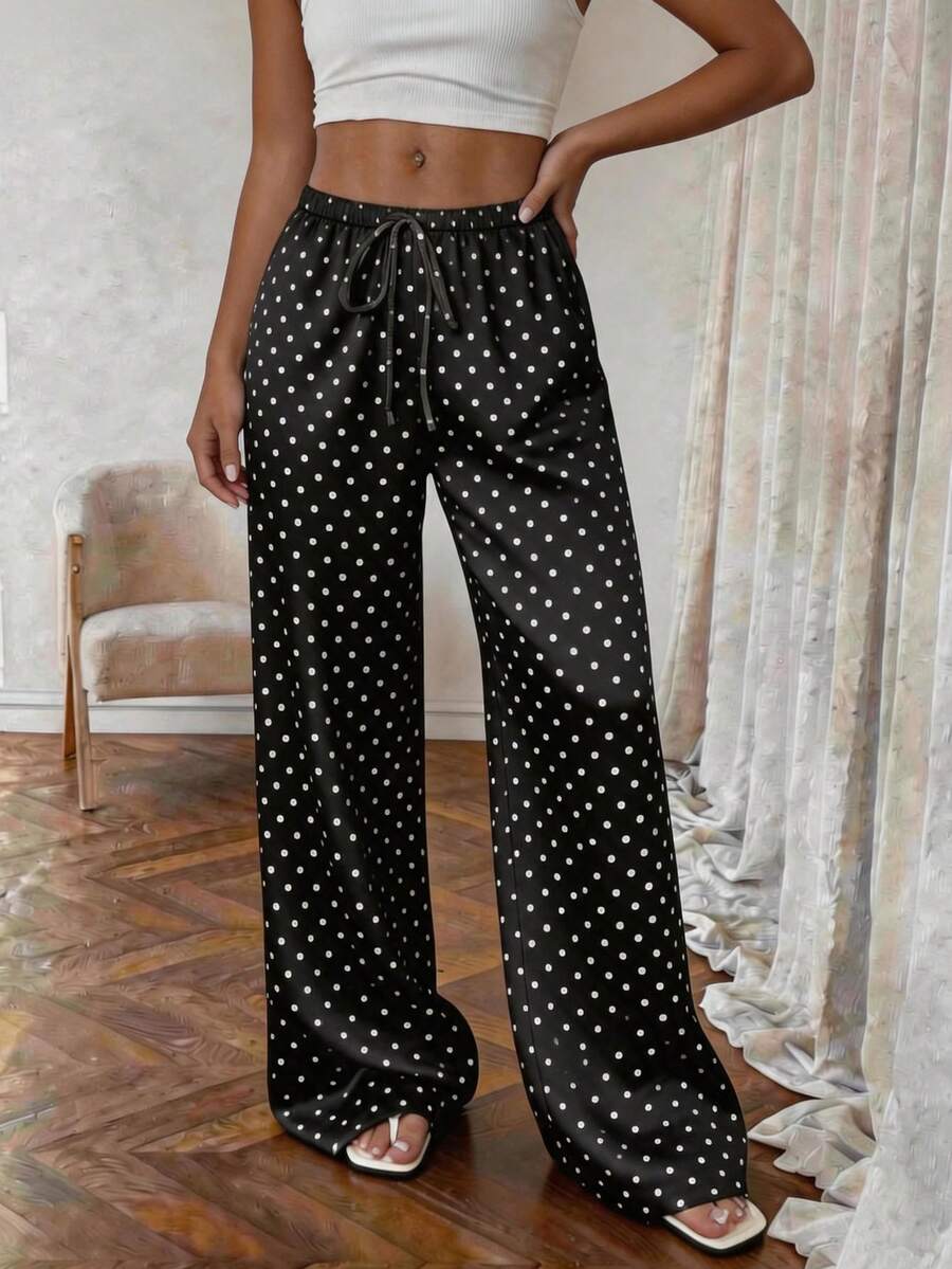1pc Polka Dot Print Pocket Casual Pants, Suitable For Home, Daily Wear, Festivals, Singles Party, Spring/Summer All Seasons - Black - View 1