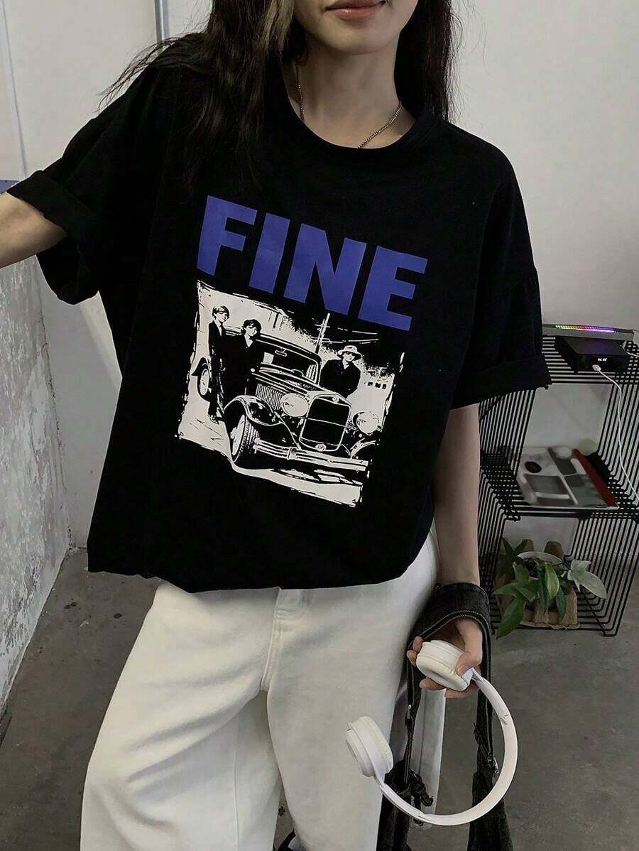 Camiseta casual y holgada de mujer con estampado de letras y bloques de color, camiseta gráfica de verano con diseño oversize, parte superior estilo preppy - Negro - Ver 1
