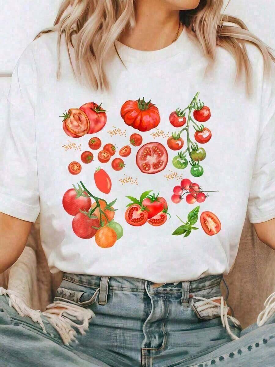 Camiseta Casual de Algodón para Mujer con Estampado de Tomate, Ropa Botánica Estilo Cottagecore, Camiseta de Vegetales, Camiseta Cómoda, Moda Femenina - Blanco - Ver 1
