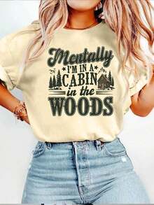Mi estado mental es como una cabaña en el bosque. (Esta es una camiseta casual de manga corta y cuello redondo para mujer, adecuada para usar en primavera y verano.) Adecuado para primavera, verano y otoño - Albaricoque - Ver 7
