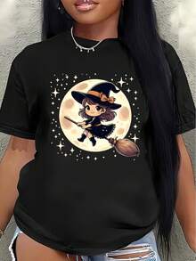 Camiseta de poliéster de manga corta, con una linda imagen de una bruja volando en una escoba, es perfecta para fiestas de Halloween o para uso diario. Es ligera y duradera, adecuada para el hogar, restaurantes o uso en exteriores. - Negro - Ver 1