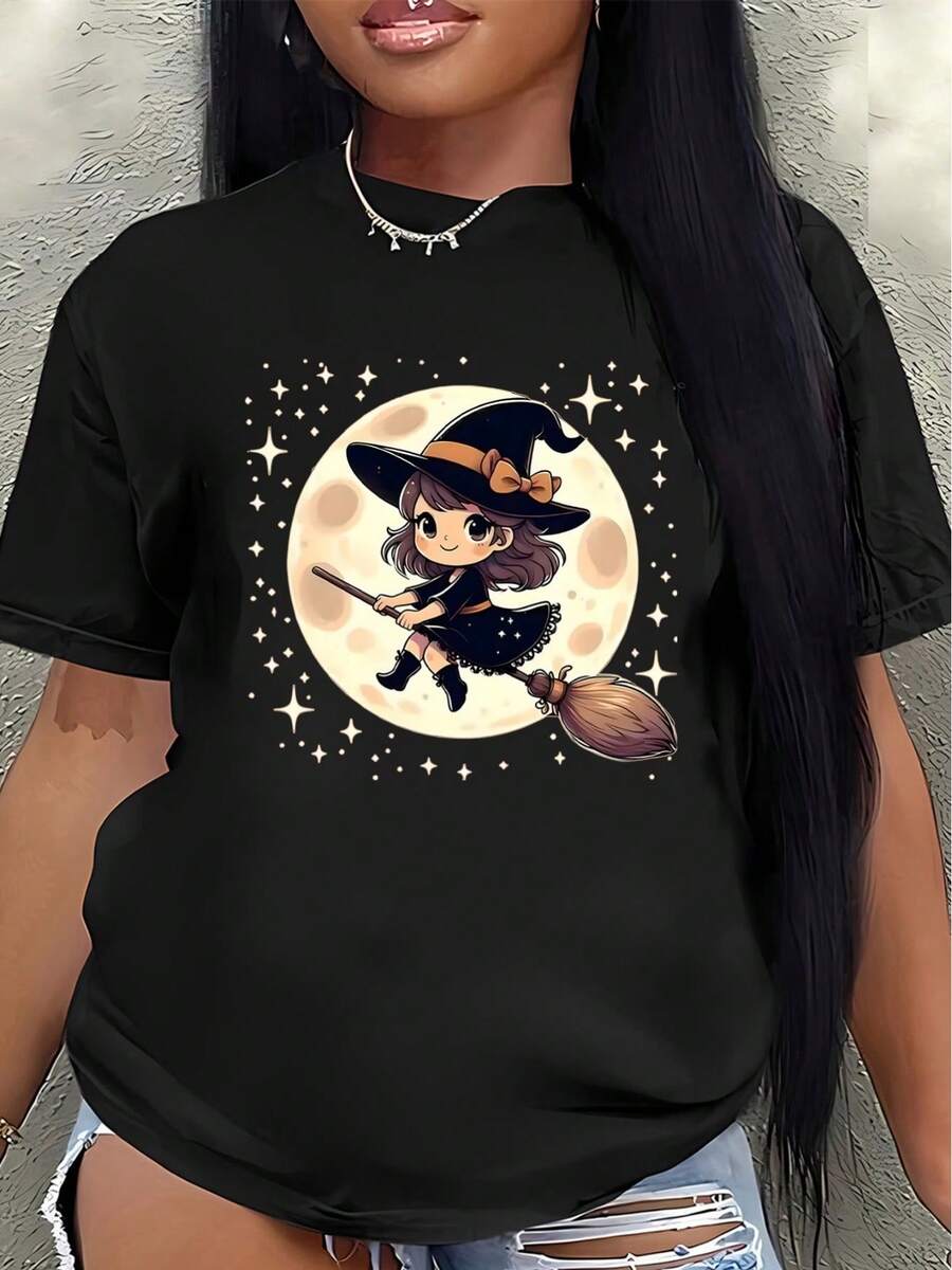 Camiseta de poliéster de manga corta, con una linda imagen de una bruja volando en una escoba, es perfecta para fiestas de Halloween o para uso diario. Es ligera y duradera, adecuada para el hogar, restaurantes o uso en exteriores. - Negro - Ver 1