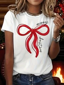 Camiseta Casual Vintage con Estampado Gráfico y Estilo Coqueta, Manga Corta, Cuello Redondo, Top Casual Adecuado para Cualquier Temporada, Ropa para Mujer - Blanco - Ver 7