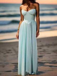 Vestido largo bandeau sin mangas ajustado espalda descubierta estilo europeo elegante verano fiesta nueva colección femenina - Azul - Ver 8