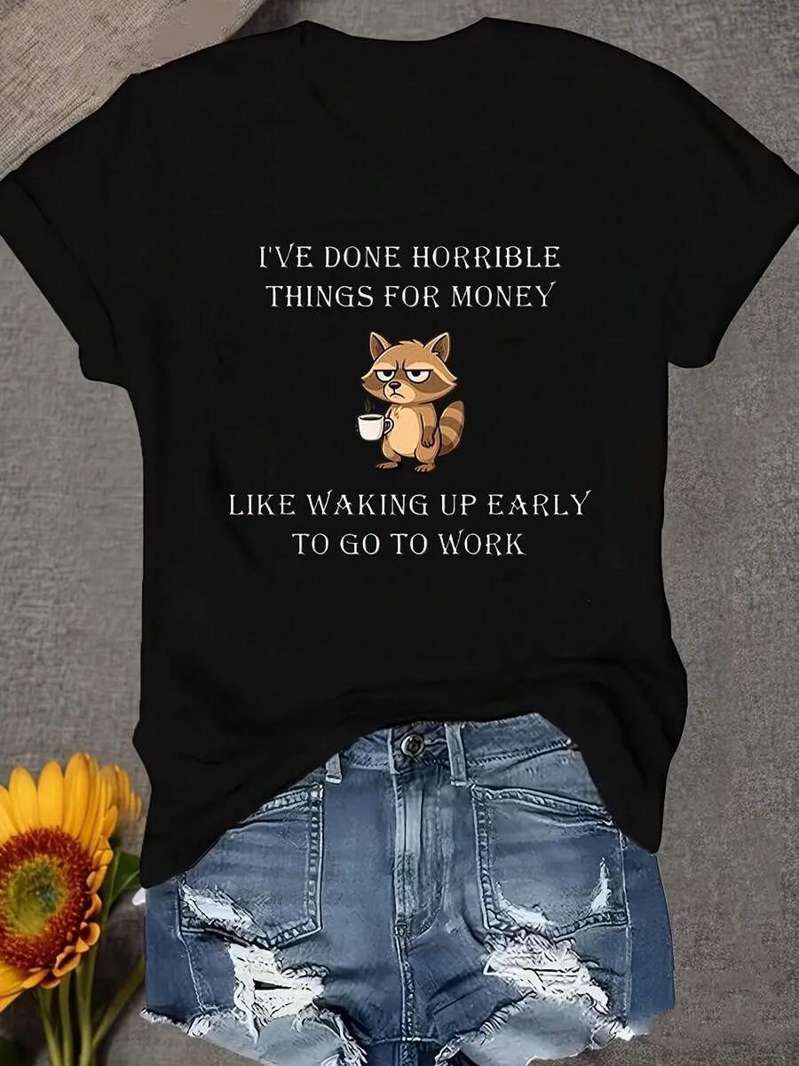 Una camiseta de manga corta para mujer, moderna, a la moda, retro, casual y holgada, adecuada para actividades al aire libre en primavera y verano, con un estampado de gato.He hecho cosas terribles por el dinero, levantándome temprano todos los días para ir a trabajar.Es un suéter elegante de cuello redondo, cómodo y suave, una camiseta para mujer.blusas para mujer,blusas casuales para dama,tops,, mujer premium,y2k,playeras de mujer curvy,ofertas y liquidaciones ropa mujer,playeras deportivas para mujer,,playeras de hombre, mujer,blusas>elegante 60VI - Negro - Ver 1