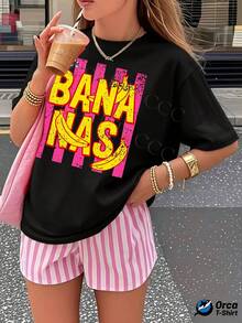 Una camiseta de manga corta para mujer, moderna, a la moda, retro, casual y holgada, adecuada para actividades al aire libre en primavera y verano.Camiseta de mujer de 180g, estilo Y2K, personalizada y a la moda, de corte holgado y manga corta, elegancia de estilo urbano, informal para el día a día y transpirable, ropa de verano con estampado creativo, ideal como regalo para deportes al aire libre.Fondo rosa con llamativas letras amarillas de "BANANAS" y un patrón de plátanos.Moderna, vanguardista y llena de energía.Adecuada para conjuntos de verano, resaltando una personalidad única.blusas para mujer,blusas casuales para dama,tops,, mujer premium,y2k,playeras de mujer curvy,ofertas y liquidaciones ropa mujer,playeras deportivas para mujer,,playeras de hombre, mujer,blusas>elegante YYX0 - Negro - Ver 1