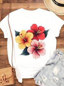 Camiseta de Mujer con Estampado de Flor de Hibisco, Ropa Casual de Verano, Diseño Floral Tropical para Vacaciones en la Playa y Regalo, 220g - Estilo Vintage Urbano, Camiseta Unisex de Algodón, Manga Corta, Cuello Redondo, 100% Algodón - Blanco - Ver 4