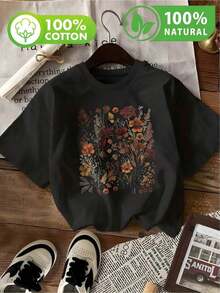 T-Shirt 100% Algodón para Hombre con Impresión de Flores Vintage Estilo Urbano Casual Mexicano Ideal para Primavera Verano - Negro - Ver 1