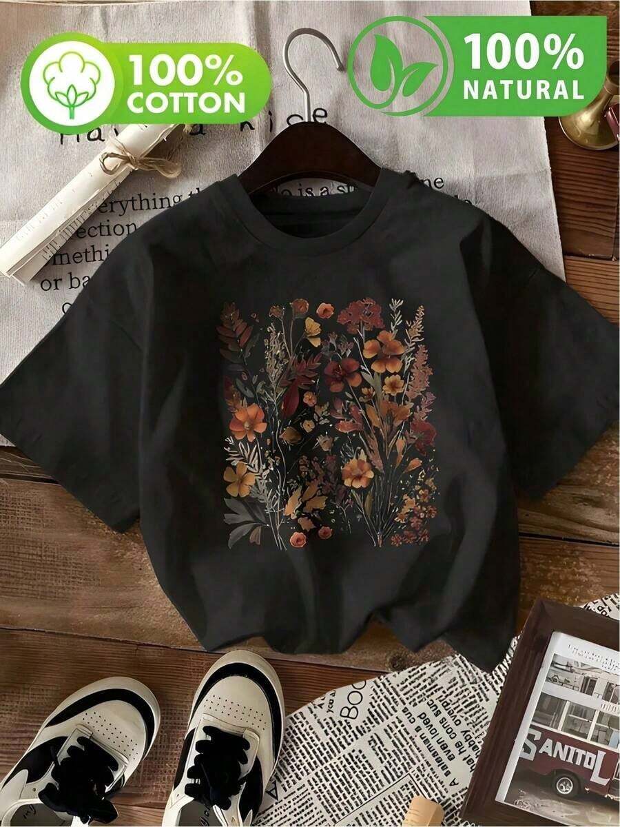 T-Shirt 100% Algodón para Hombre con Impresión de Flores Vintage Estilo Urbano Casual Mexicano Ideal para Primavera Verano - Negro - Ver 1