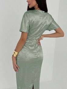 Vestido largo elegante de unicolor con cintura fruncida y plisado, adecuado para fiestas y salidas - Rosa - Ver 2