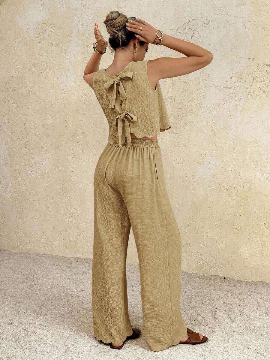 Frenchy Conjunto de 2 piezas de top de tirantes y pantalones de unicolor casual para vacaciones de mujer - Caqui - Ver 1