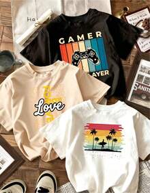 Camiseta de mujer a 2026, conjunto de 3 pieza, estampado de letras para playa y surf, camiseta de mujer, ropa casual cómoda, camiseta de moda de corte holgado, camiseta de mujer multicolor. - Negro - Ver 1
