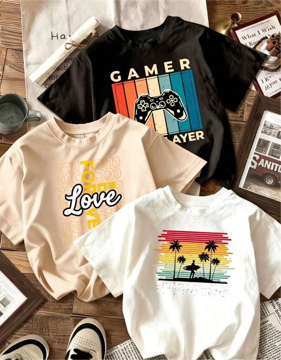 Camiseta de mujer a 2026, conjunto de 3 pieza, estampado de letras para playa y surf, camiseta de mujer, ropa casual cómoda, camiseta de moda de corte holgado, camiseta de mujer multicolor. - Negro - Ver 1