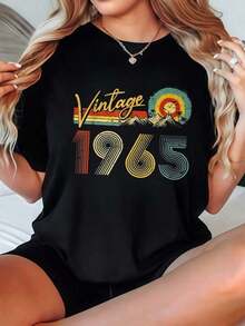 Camiseta de Mujer Vintage 1965 Retro con Estampado Gráfico, Opciones en Blanco y Negro, Estampado de Montaña, Camisetas Casuales para Uso Diario, Tops de Verano, Camisetas Gráficas, Conjuntos de Verano para Mujer, Camisetas Cortas para Mujer, Tops Vintage de Algodón, Ropa Linda para Mujer, Playera Holgada para Mujer - Negro - Ver 7