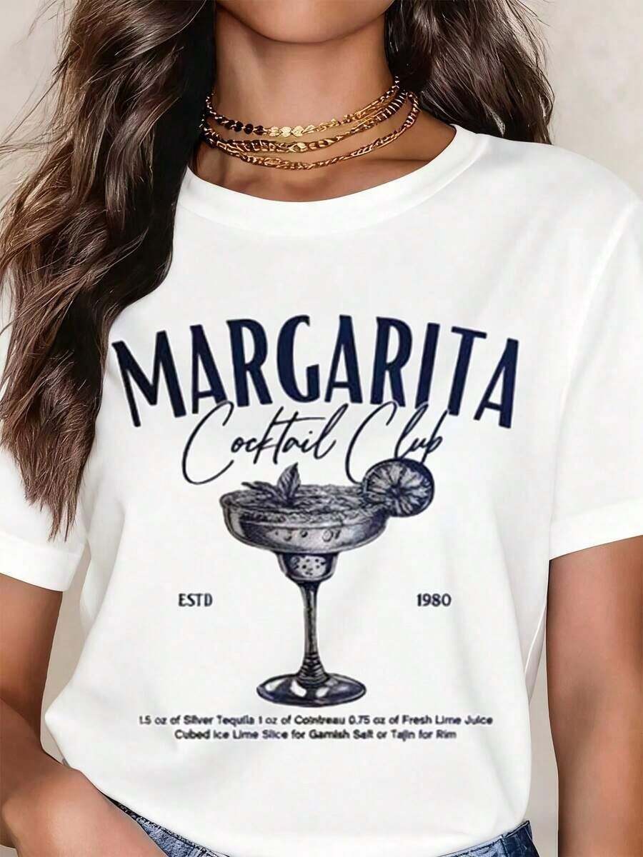 Women's Casual T-Shirt, Loose Fit, Round Neck And Short Sleeves, With Margarita Cocktail Club Graphic Print, Cocktail Glass And Recipe Text, Ideal For Summer Parties, Beach Outings And Casual Wear. - 白色 - 查看 1