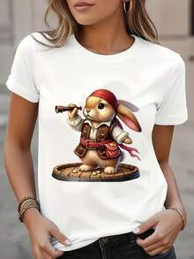 Women's T-shirt Camiseta de mujer suave y cómoda con motivos de Pascua y piratas, cuello redondo informal, manga corta, lavable a máquina, elección perfecta para primavera y verano. - Blanco - Ver 7