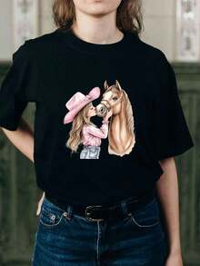 1 pieza Camiseta negra con estampado de caballo para mujer, cuello redondo, camiseta casual de algodón, tela de elasticidad media, corte regular para damas, para primavera/verano/otoño, Día de San Valentín, Día de Acción de Gracias, Navidad, 180g, 100% algodón. - Negro - Ver 1