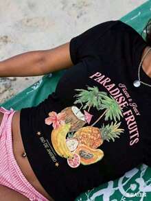 Sundraya Women's 2026 Summer Graphic T-Shirts, Cream Fitted Crop Top With Fruit And Coconut Print, For Summer Beach Vacation, Loose And Comfortable Top For Women, Summer Clothes - Unisex Vintage Urban Style, Cotton Short Sleeve Crew Neck T-Shirt. - 黑色 - 查看 6