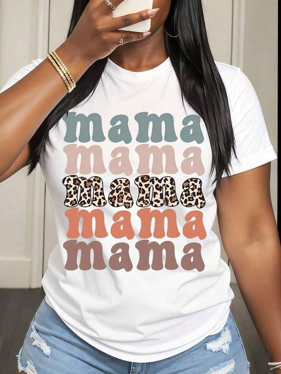 Camiseta de Mujer con Estampado "Mama", Patrón de Leopardo y Texto Colorido para Uso Casual en Primavera y Verano - Blanco - Ver 1
