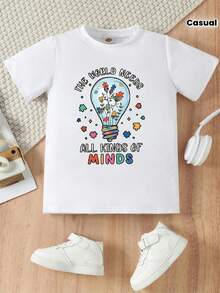 Un estampado gráfico vintage que muestra una bombilla con la frase 'EL MUNDO NECESITA TODO TIPO DE MINDS' en una camiseta de cuello redondo para niñas, ideal para uso casual. ¡Es un gran regalo para alguien especial! - Blanco - Ver 1