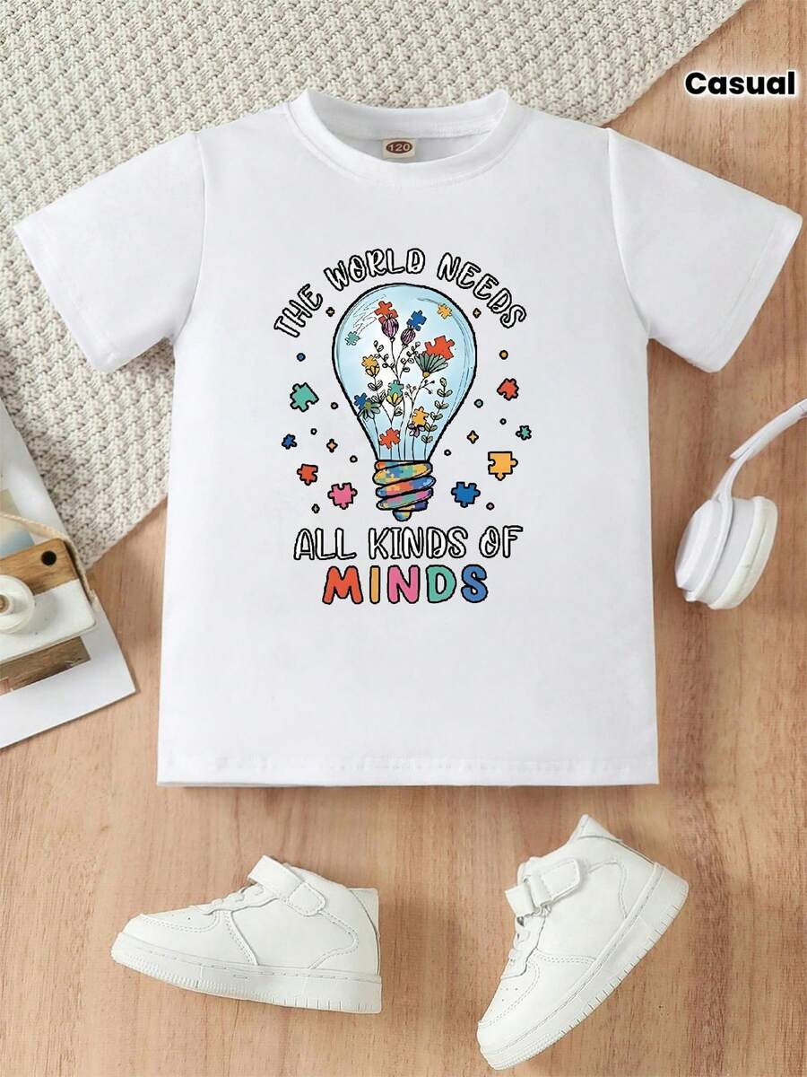 Un estampado gráfico vintage que muestra una bombilla con la frase 'EL MUNDO NECESITA TODO TIPO DE MINDS' en una camiseta de cuello redondo para niñas, ideal para uso casual. ¡Es un gran regalo para alguien especial! - Blanco - Ver 1